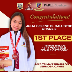 Julia Selene D. Calustre captured 1st Place in the 13–14 Years Old Female Category at the 2026 Triman Triathlon Vermosa Cavite – TriKids Distance