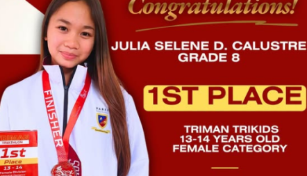 Julia Selene D. Calustre captured 1st Place in the 13–14 Years Old Female Category at the 2026 Triman Triathlon Vermosa Cavite – TriKids Distance